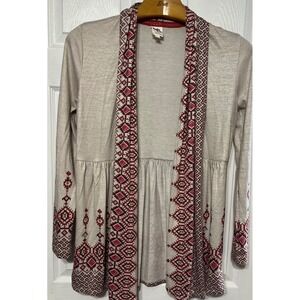 One September Anthropologie Open Front Boho Geometric Peplum Cardigan Women's M